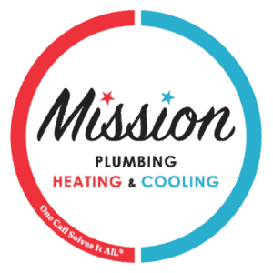 Circular logo for Mission Plumbing, Heating & Cooling; red and blue accents; text reads “One Call Solves It All.”.