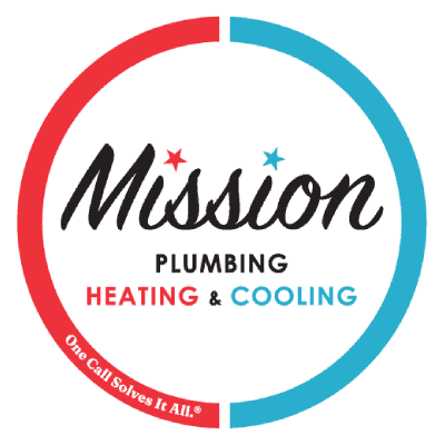 Circular logo for Mission Plumbing, Heating & Cooling; red and blue accents; text reads “One Call Solves It All.”.