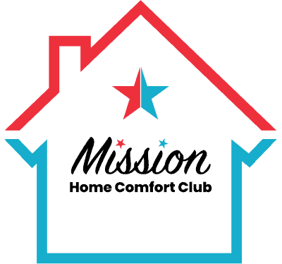 Outline of a house with a red and blue star above the text “Mission Home Comfort Club” in black, bold script font.