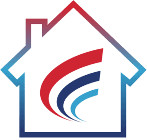 Outline of a house with a red, blue, and light blue swoosh inside, resembling a stylized flag or wing.