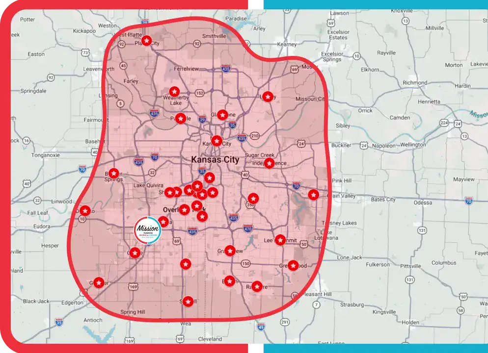 A map of the Kansas City area showing a shaded service zone with multiple red markers and a highlighted location labeled “Mission.”.