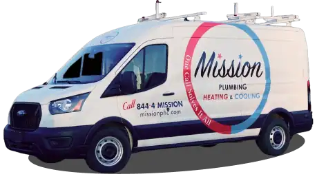 A white Mission Plumbing, Heating & Cooling service van with company logo, contact number, and website printed on the side. A ladder is secured on the roof.