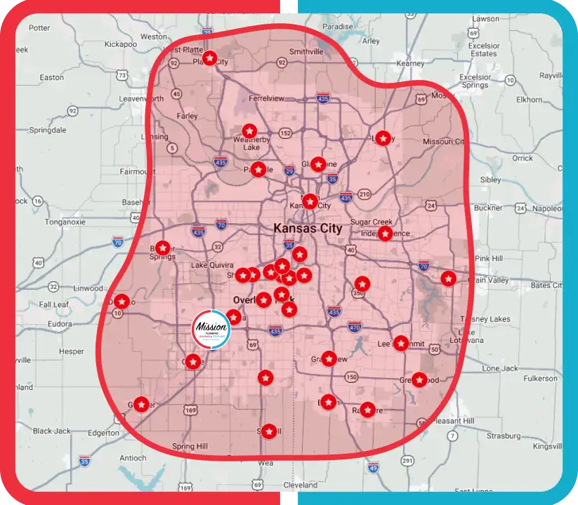 A map of Kansas City and surrounding areas shows a shaded region with location markers and the Mission logo near Overland Park.